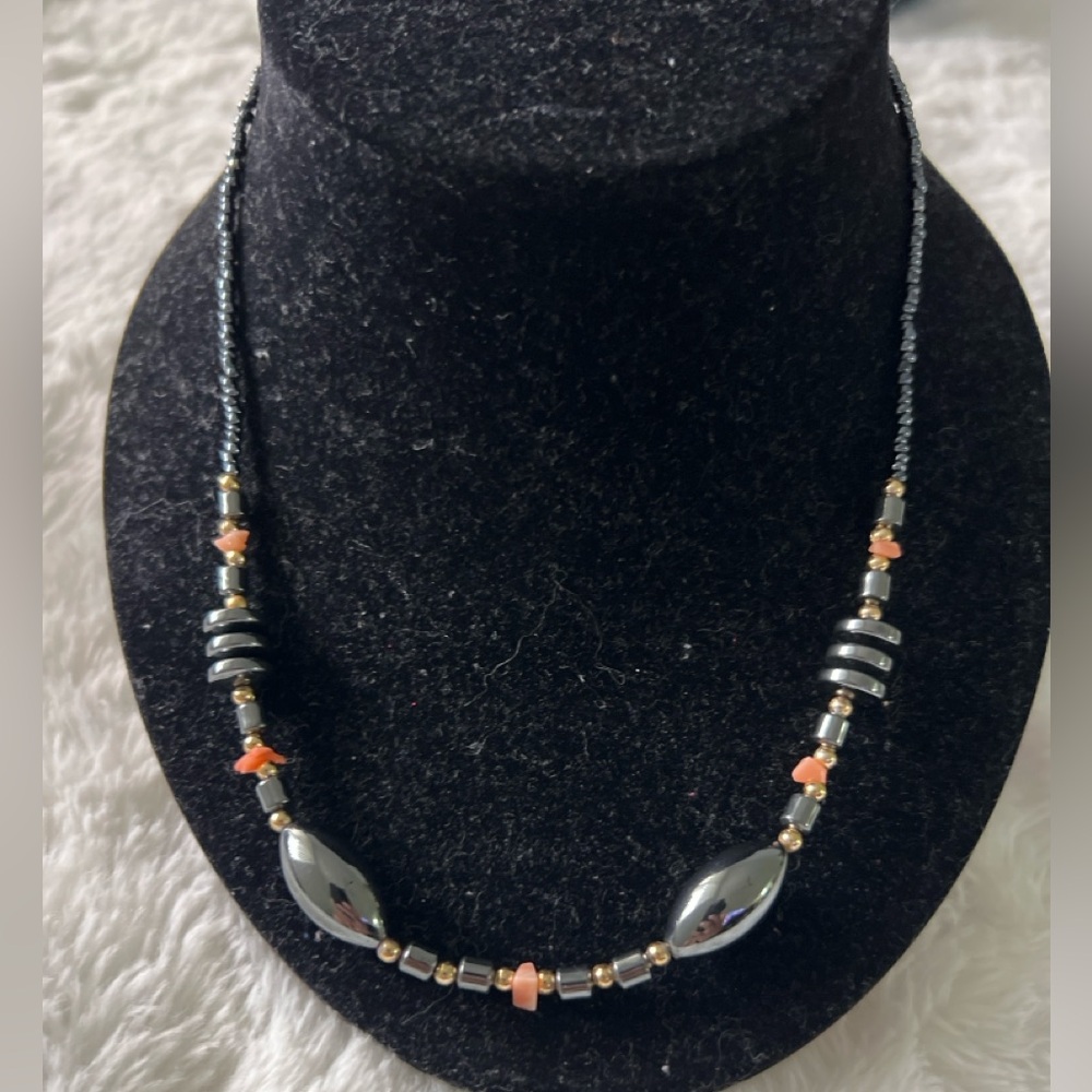 Vintage Black Hematite Beaded Necklace 17” Gold Tone Coral Accent Statement